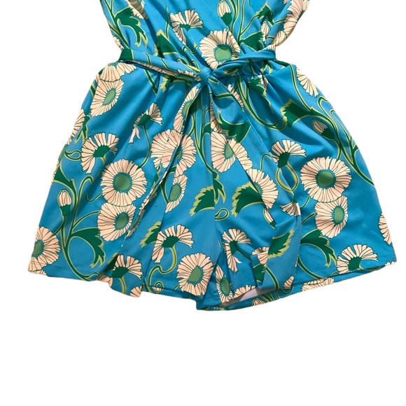 JB by Julie Brown Blue Floral Faux Wrap Tie Waist Romper - L - Picture 3 of 8